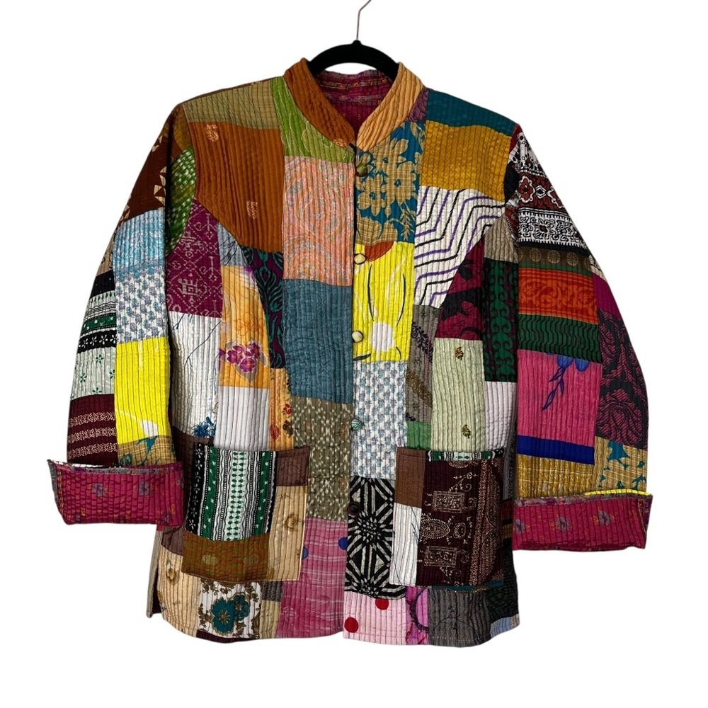 Like New Boho Indian Kantha Quilted Patchwork Silky Reversible Jacket - Picture 5 of 11